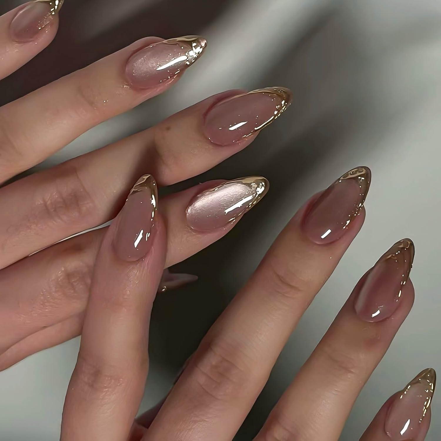 KQueenest Glitter Baby Pink French Tip Press On Nails Almond, 24 Pcs Cat Eye Press On Nails with 3D Gold Swirls, Bling Sparkly Fake Nails With Glue,