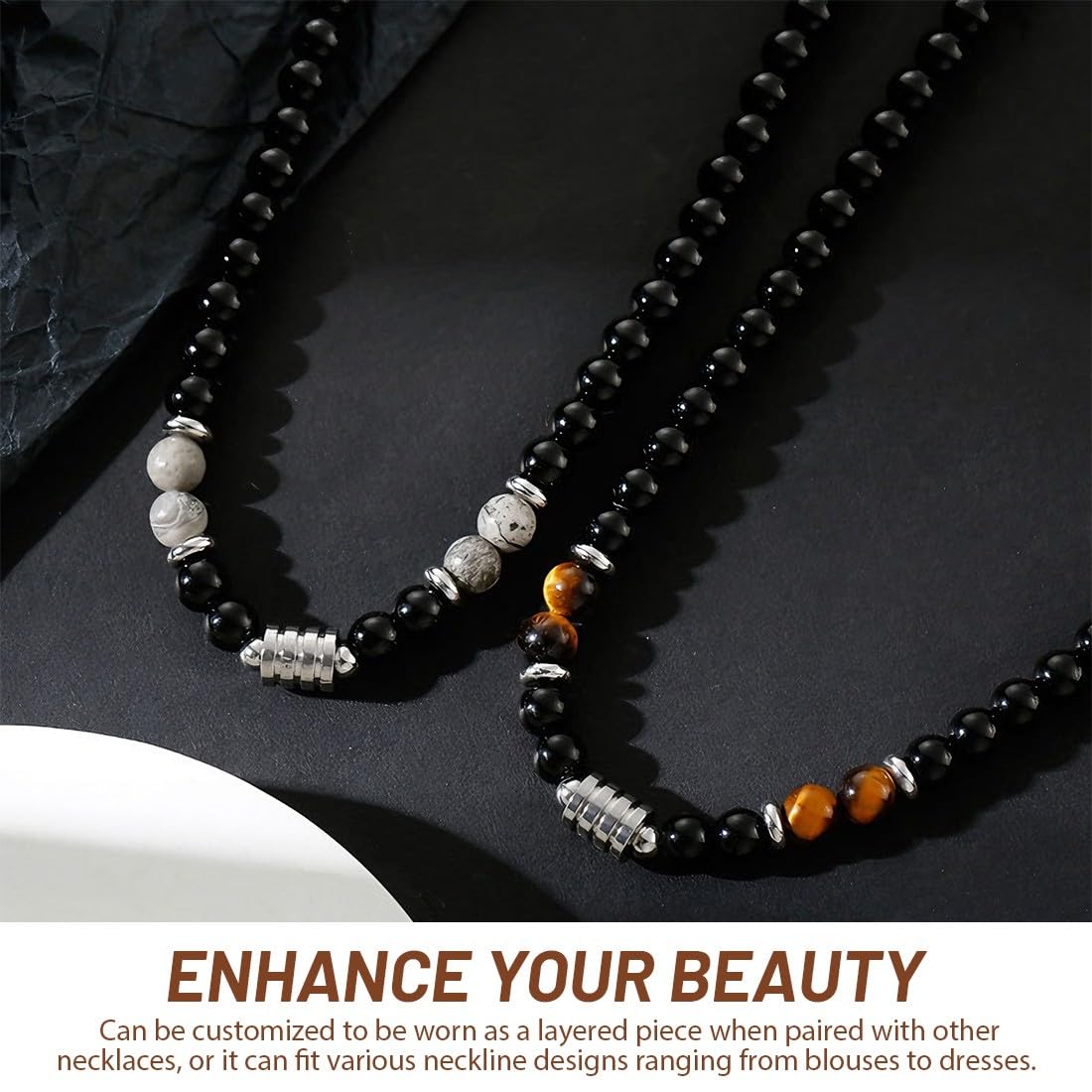 Set di 2 Collana uomo Collana con perle di ossidiana da uomo con Occhio di Tigre e Diaspro Collana da uomo in pietre naturali