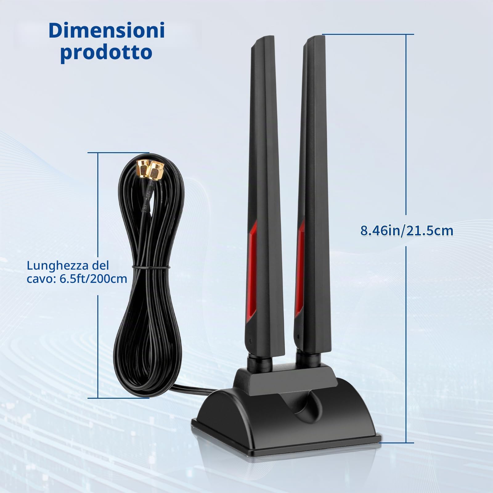 Superbat Antenna WiFi 6E Tri-Banda 2.4GHz/5GHz/6GHz Con Connettore RP-SMA E Base Magnetica Incluso Cavo di Prolunga RG174 2m Per PC Scheda WiFi Router Senza Fili Telecamere di Sorveglianza