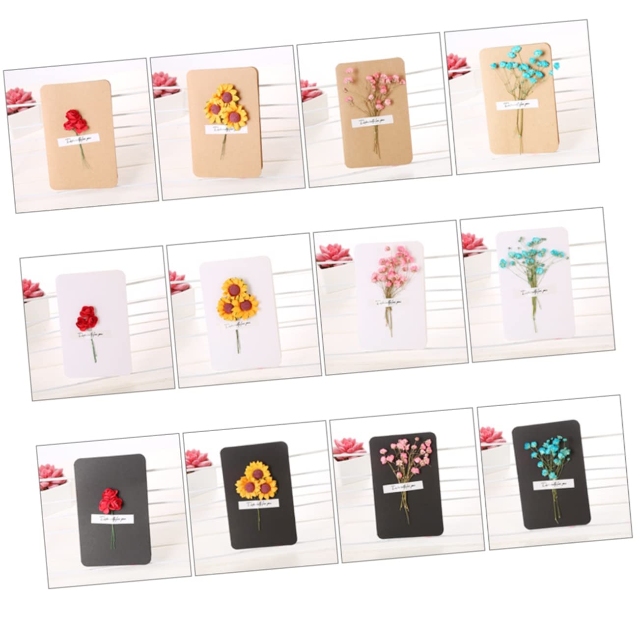 VILLCASE 3 Set Di Biglietti Di Auguri Unici Con Fiori Secchi Di Ringraziamento Per Insegnanti Amici E Famiglie 12 Pezzi * 3