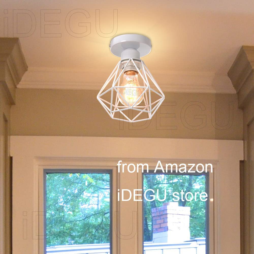iDEGU Lot de 4 Plafonnier Industriel Vintage Lustre Suspension E27 Rétro Luminaire Design Cage Diamant Fer Lampe de Plafond pour Couloir Salon Cuisine Chambre, Ø16cm (Cage B, Blanc)
