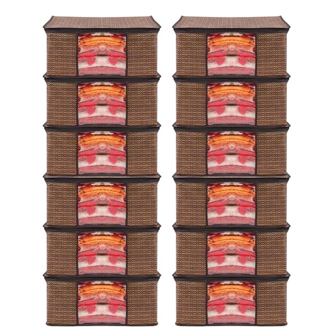 Vaidika Non-Woven Printed Saree Cover Storage Organizer With Transparent Window and Zip, Cloth Storage, Saree Organizer, Saree Bags Storage, Clothes Organizer (Black Kajukatri, Set of 12)