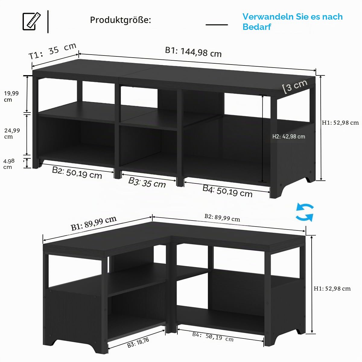HSH Sitzbank Flur mit Stauraum Schuhbank Vintage Schwarze 33 x 145 x 51 cm