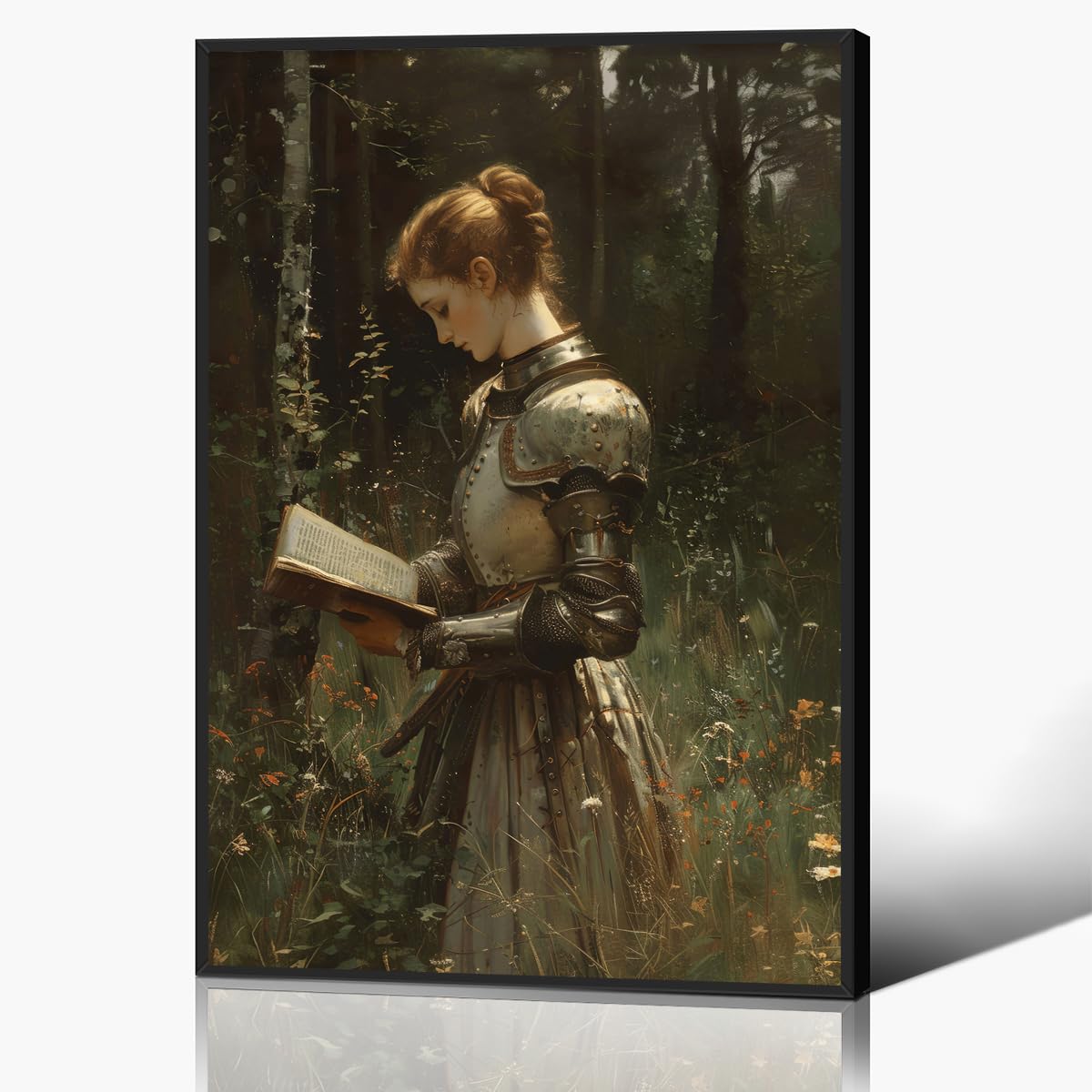 Anslipswar Lady Knight Reading In The Forest Wall Art, Vintage Woman Knight Oil Painting, Medieval Fantasy Poster Canvas, Dark Academia Wildflower Field Picture, Reading Wall Art 60X90cm Unframed