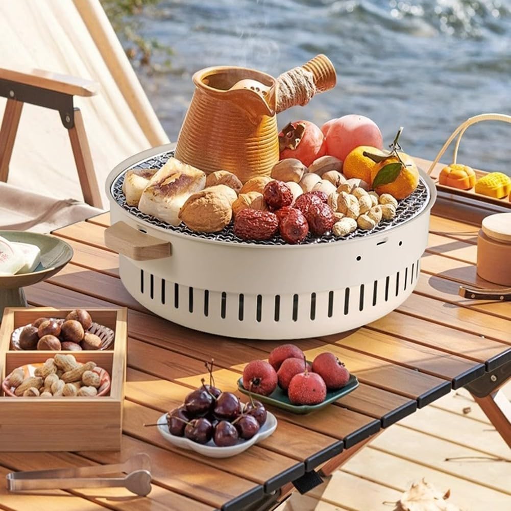 Griglia per barbecue senza fumo, multifunzionale per stufe a legna, per cucinare, campeggio, vacanze, estate, da tavolo, piccolo barbecue (beige)