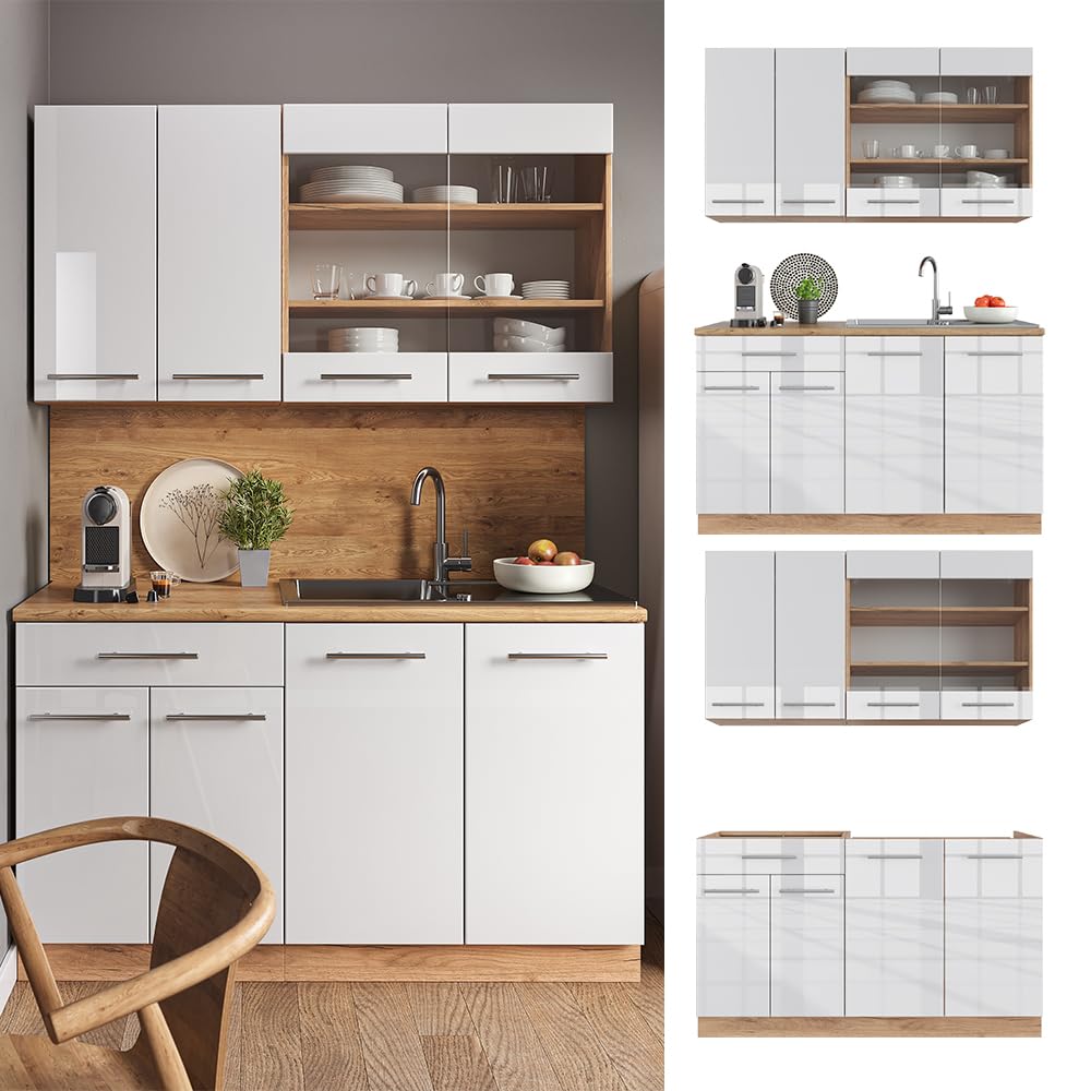 Vicco Singleküche Fame-Line, Weiß Hochglanz/Goldkraft Eiche, 140 cm | ohne Arbeitsplatte, zur freien Kombination mit ergänzenden Küchenmodulen