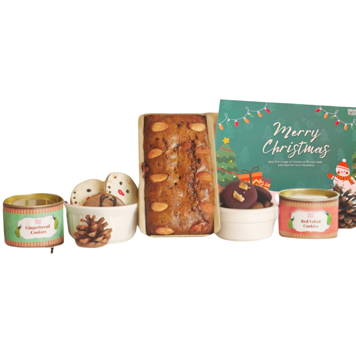 DREAM A DOZEN 100% Eggless, Veg, Season's Combo Gift Hamper | 500 grams Eggless Plum Christmas Cake, Gingerbread Christmas Cookies, Red Velvet Cookies and Personalized Christmas Greeting Card-image-25