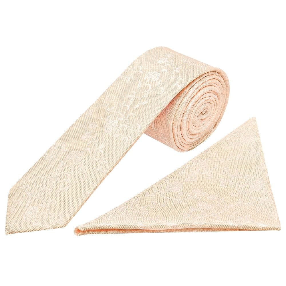 Ties R Us Men's Peach Floral Skinny Tie And Handkerchief Set