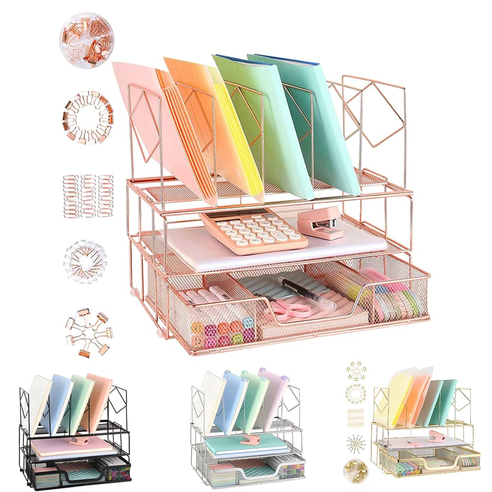 Youbetia Rose Gold Desk Organizers, All in One Desktop File Organizer with File Sorters + Drawer, Desk Accessories & Workspace Organizers with Paper Tray for Office Supplies(Binder Clips Included)
