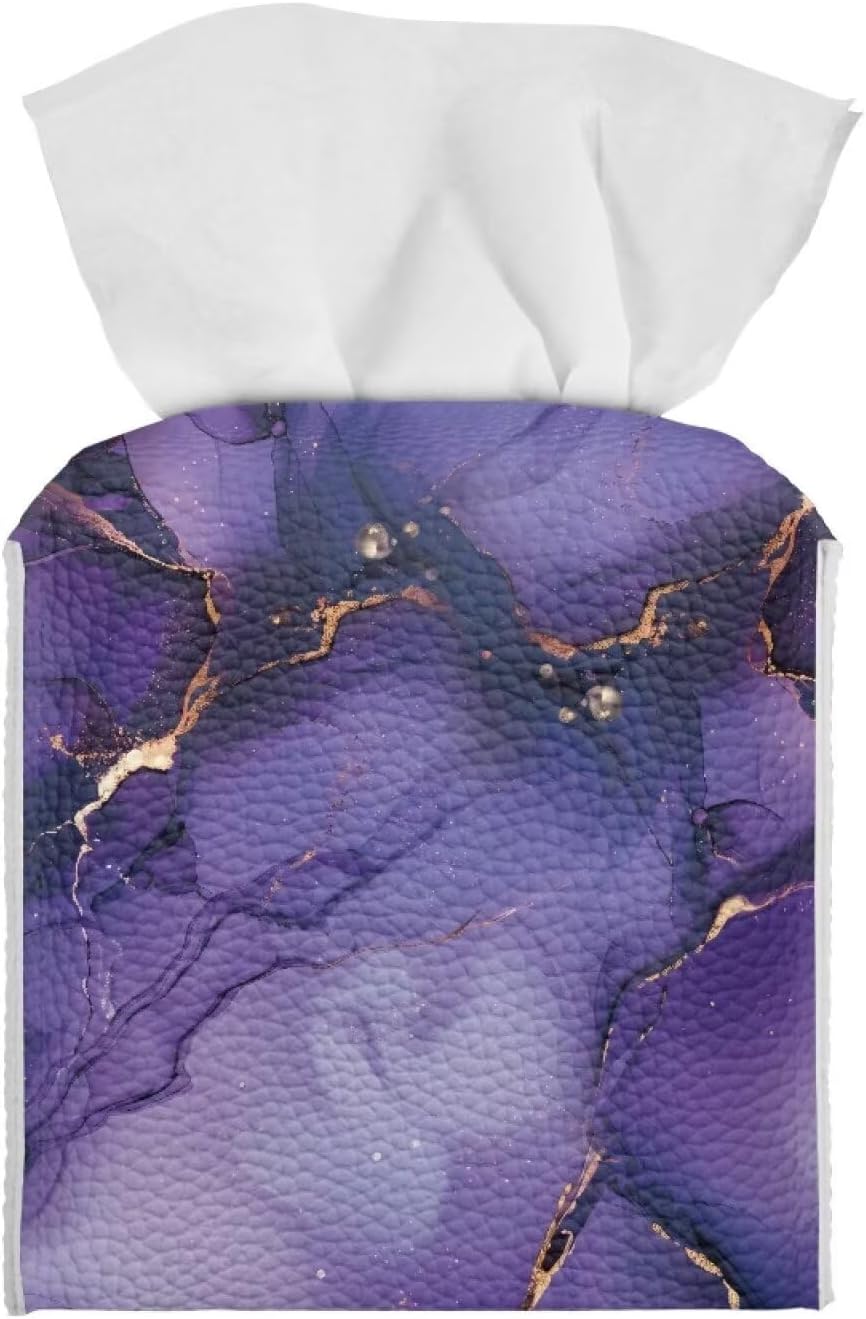 Marble Purple Tissue Box Cover PU Leather Cube Tissue Holder with Bottom Belt Waterproof Square Facial Tissue Boxes Decorative Organizer for Bathroom Vanity