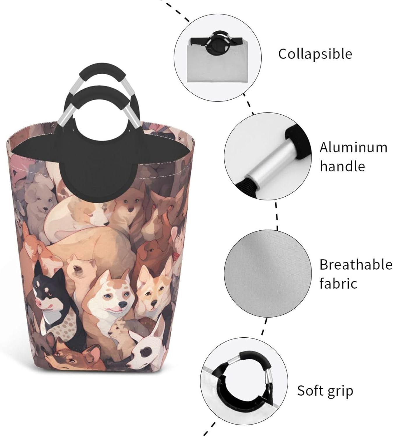 Dog Pictures Foldable storage bag, 50L capacity, suitable for laundry room, dormitory bedroom, dirty clothes storage basket.