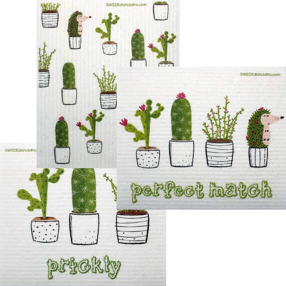 Mixed Cactus Set of 3 Cloths one of Each Design Swedish Dishcloths ECO Friendly Absorbent Cleaning Cloth Reusable