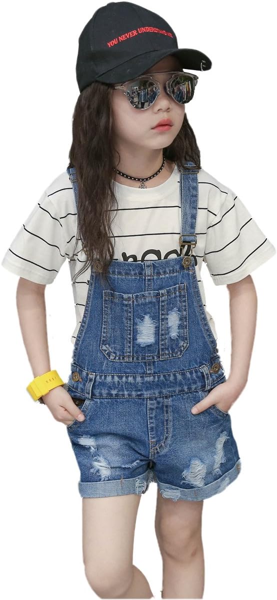 KIDSCOOL SPACE Baby Little Girl Jean Overalls,Big Ripped Denim Shortall