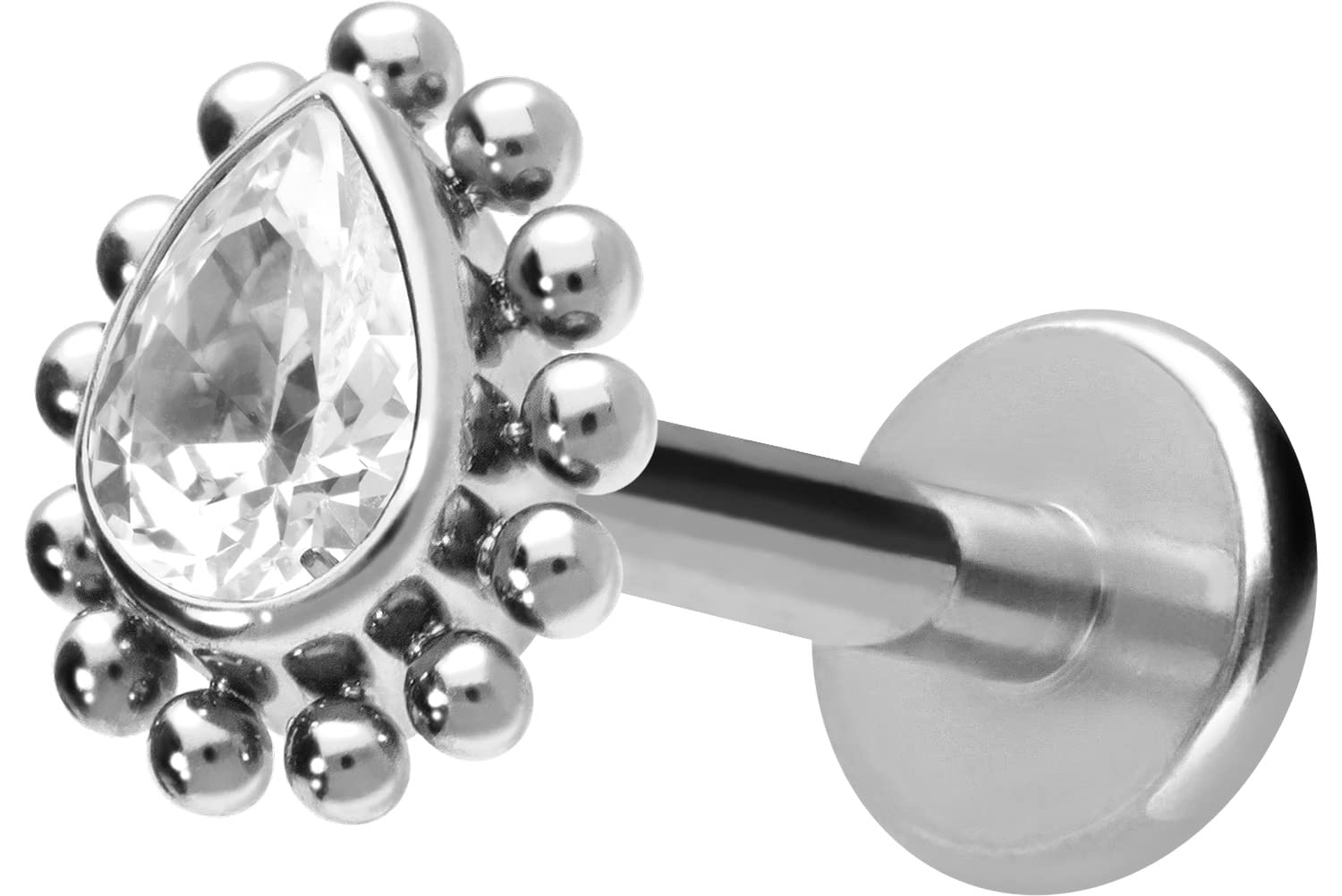 PIERCINGLINE Labret de titanio con rosca interior, gota de cristal, piercing para labio, nariz, oreja, hélix, color y tamaño a elegir, Titanio