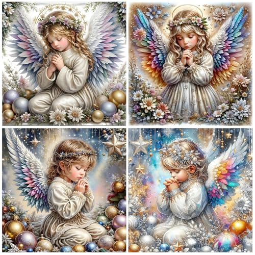SHEGZHUC Juego de 4 ángeles de pintura de diamantes, 30 x 30 cm, diseño de ángel de la guarda con hadas y elfos para niñas, mosaico, pintura de diamantes, arte, bordado, punto de cruz, imágenes,
