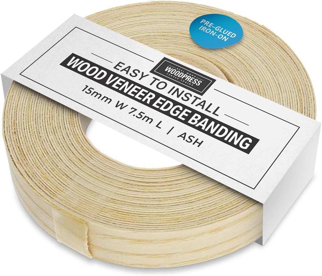 WoodPressยฎ 15mm Real Ash Wood Iron-On Edging โ 7.5m Roll โ Pre-Glued Wood Veneer Tape for Easy DIY Application โ Will Cover the Edge of a Standard MDF Panel