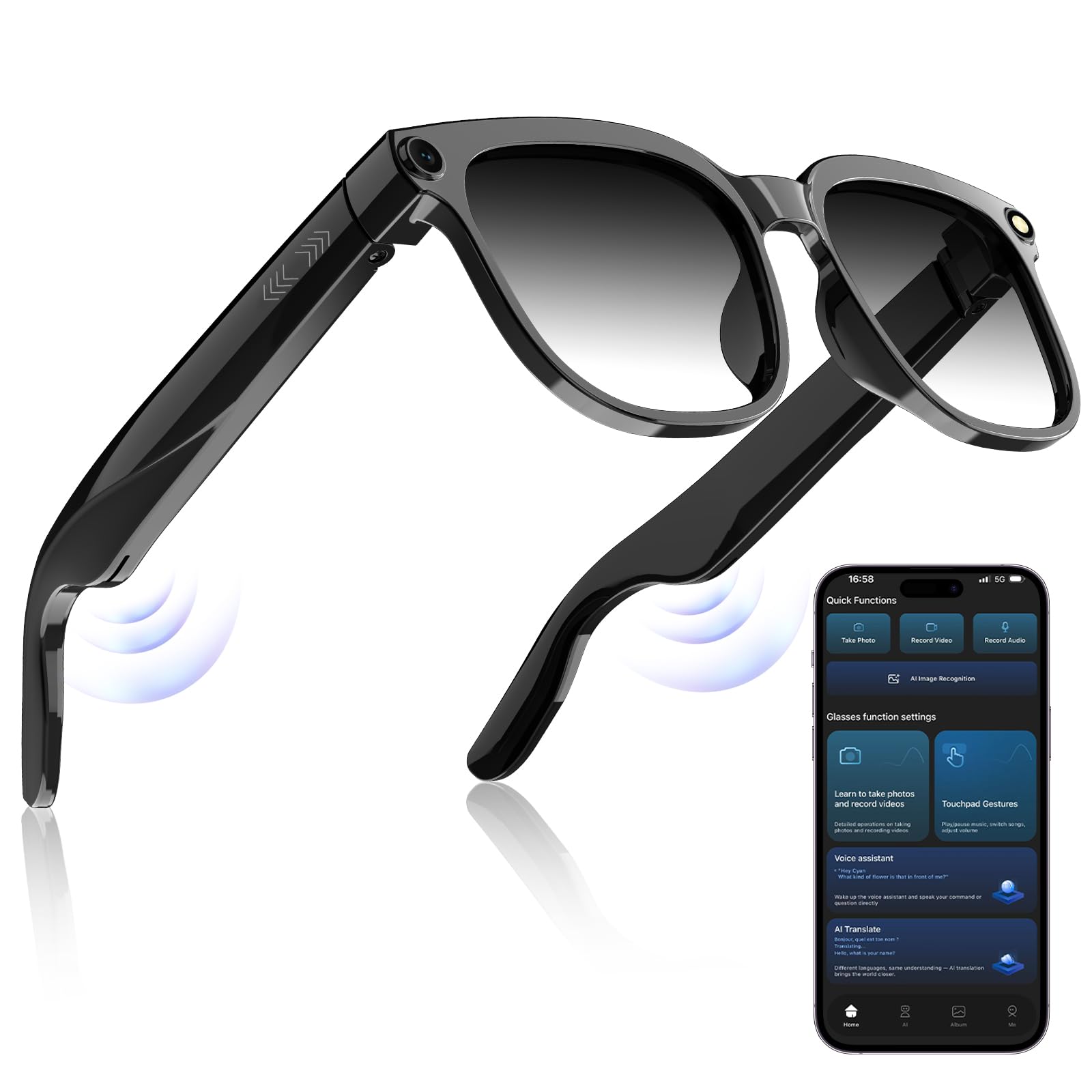 PEJE AI Smart Glasses showing the camera lens and overall design.