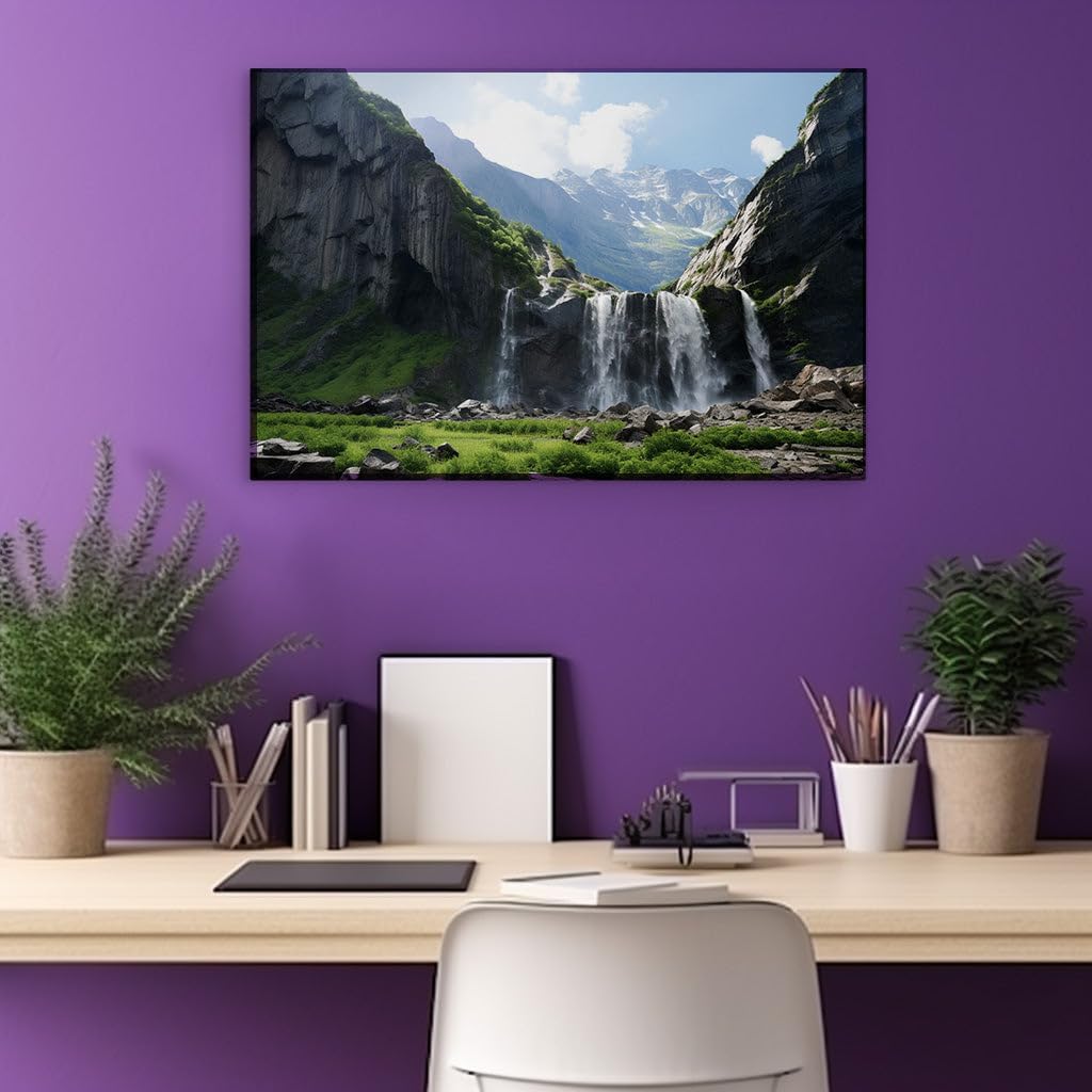 Canvas for Living room. Majestic Mountain Waterfall: Nature's Symphony in Green and Blue, 27 x 18 inch Canvas Wall Art - Surrealistic Visions - Modern Home Decor