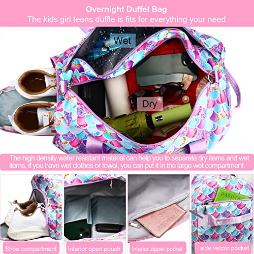 Gym Travel Duffle Bag For Girls - Gymnastics Sports Dance Bag With Shoe Compartment & Wet Pocket Mermaid Kids Travel Bag Teens Weekender Sleepover Carry On Bag #TOP4