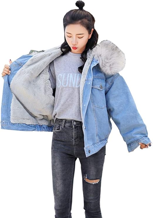 Amazon Fevon コート レディース デニム 秋冬 厚手 ショート丈 フード付き もこもこ ファーフード デニムコート 裏起毛 暖かい 防寒着 保温 アウター 女性 おしゃれ ゆったり デニムジャケット Gジャン ジージャン 全3色 コート ジャケット 通販