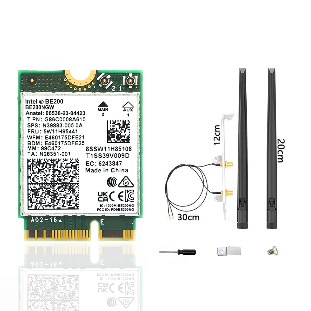 WiFi 7 BE200 NGW Wireless Card, Tri-Band 6GHz/5GHz/2.4GHz M.2 NGFF Bluetooth 5.4, Includes Ipex Cable, 8dBi Antennas and Brackets Support Windows 10/