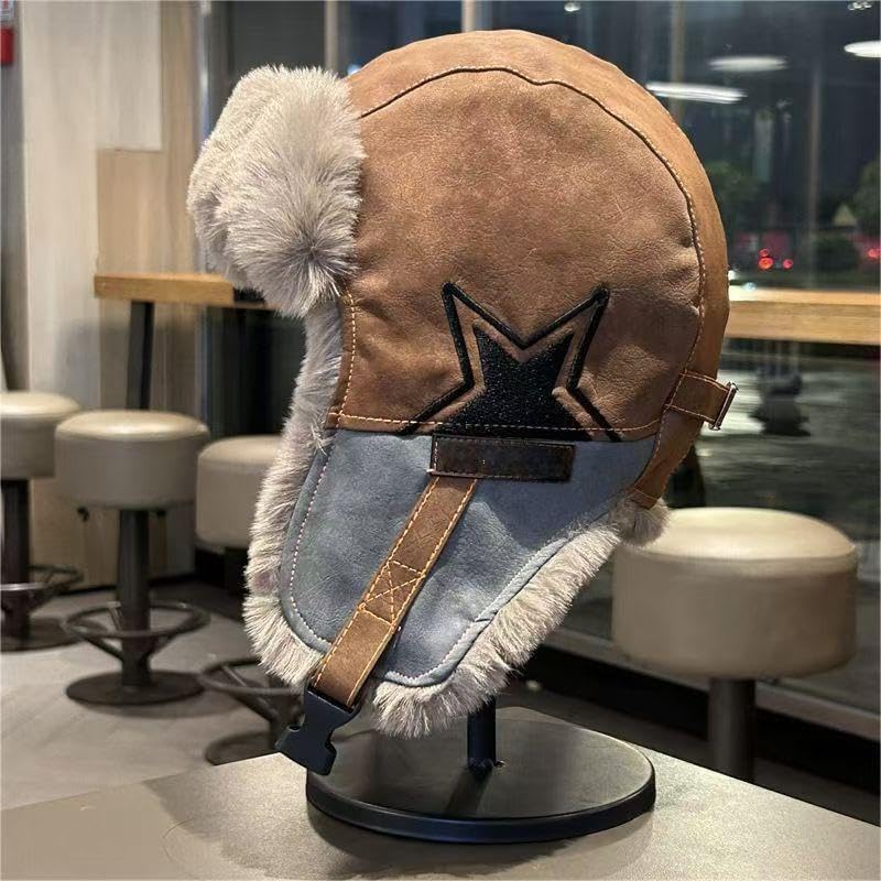 Winter Pilot Hat with Faux Fur, Windproof Suede Leather Aviator Hat for Skiing Cycling, Cold Weather Outdoor Activities