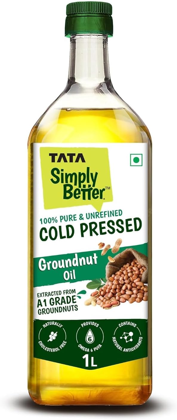 Tata Simply Better Pure & Unrefined Cold Pressed Groundnut (Peanut) Oil,Kolhu/Kacchi Ghani/Mara Chekku/Ganuga,Naturally Cholesterol Free,1L,Groundnut Oil Rich Aroma & Flavour Of Real Groundnuts