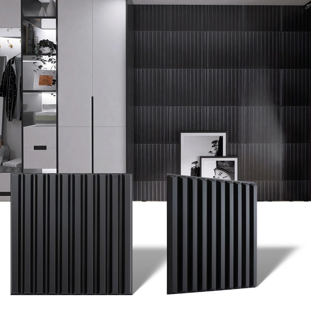 3D Slat Wall Panels, PVC Faux Wood Wall Tiles, 3D Fluted Textured Wall Panels for Interior Wall Decor, 12-Tile Set 19.7" x 19.7", Black