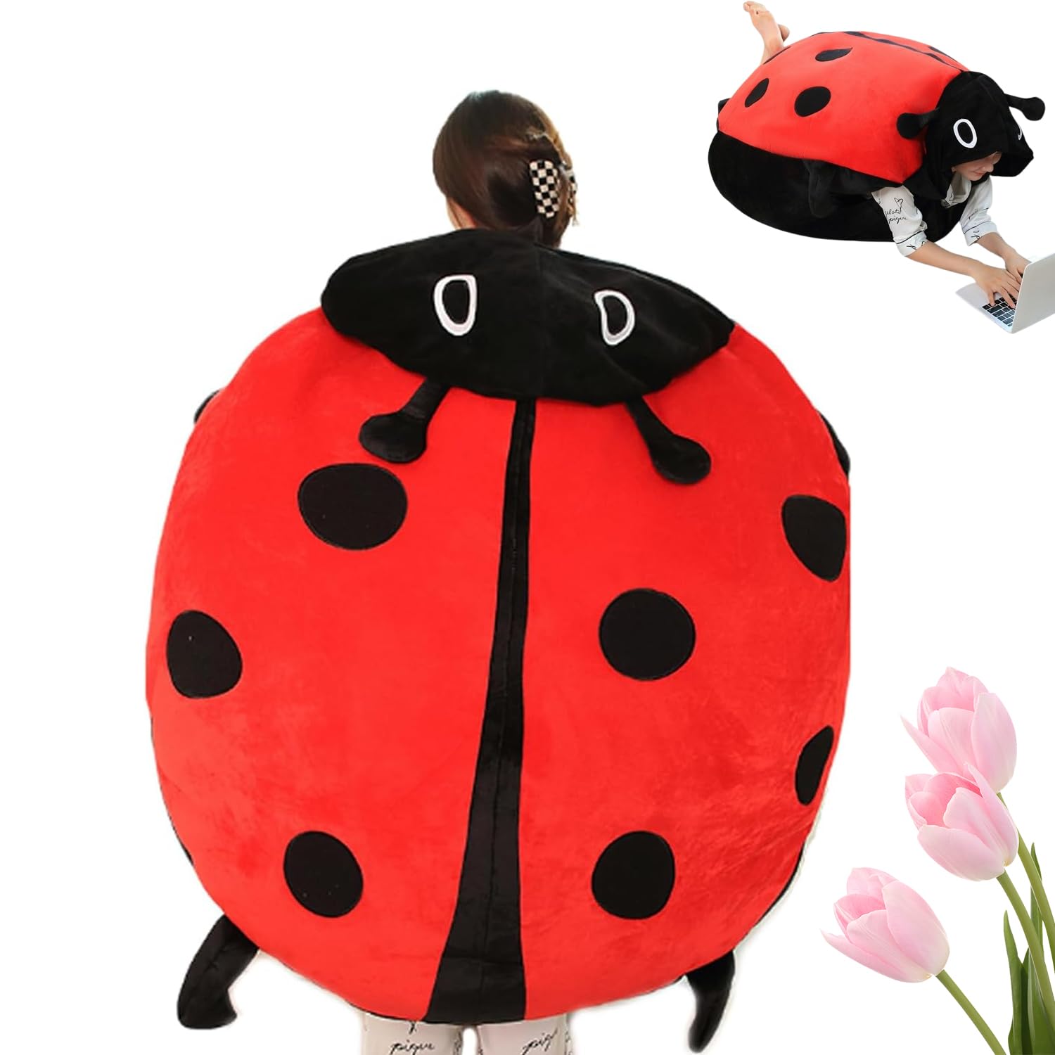 EastHedge Wearable Pillow,Wearable Ladybug Pillow with Hood,Cute Warm Sleeping Wearable Plush Removable for Children and Adults (100cm)