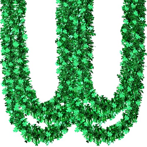Sggvecsy 39.3FT St.Patricks Day Tinsel Garland Shamrock Clover Green Metallic Tinsel Garland for St. Patricks Day Irish Party Festival Indoor Outdoor Decoration (Green)
