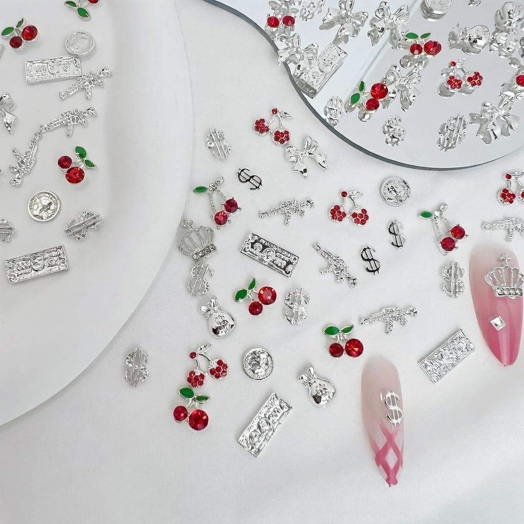 106Pcs Silver Red Nail Art Charms, 3D Cherry Money Bag Coin Gun Cross Jewelry, Y2K Retro Luxury Designer Nail Supplies image 3
