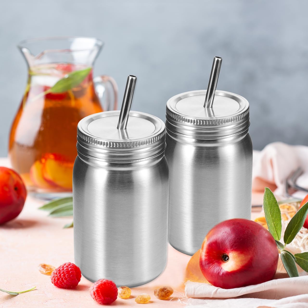 2 Pcs Stainless Steel Mason Cup Insulated Water Bottles Jars Insulated Travel Hot Cold Tumblers Stainless Steel Bottles Tumbler Straws Juice Glass Outdoor