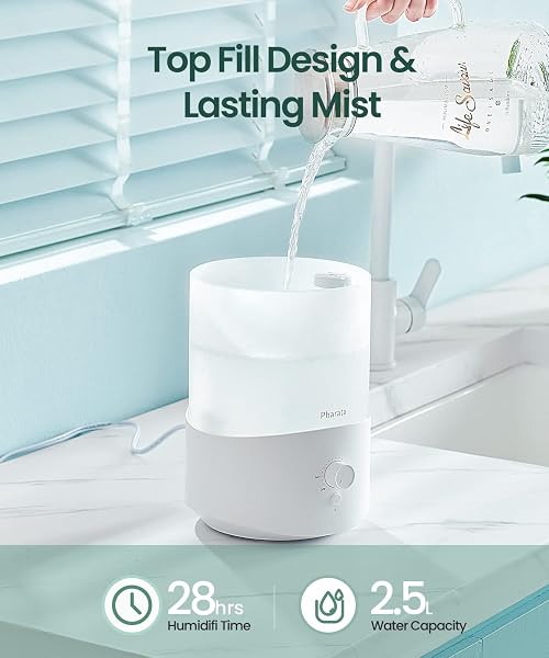 The Pharata 2.5L humidifier offers long-lasting mist and aromatherapy for any room.