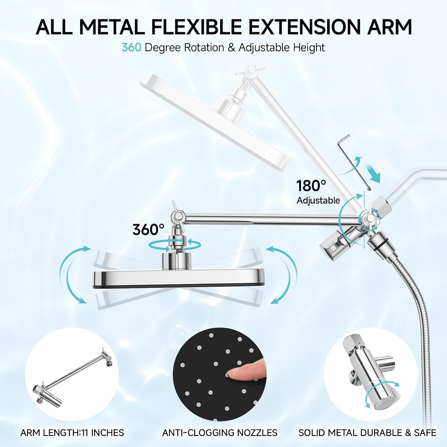 High Pressure Rain Shower Head with Handheld Spray Combo Set, Adjustable 12" Rainfall Dual Shower Head, Double&Tandem Shower Head, Waterfall Showerhead Bathroom -Silver Chrome 4