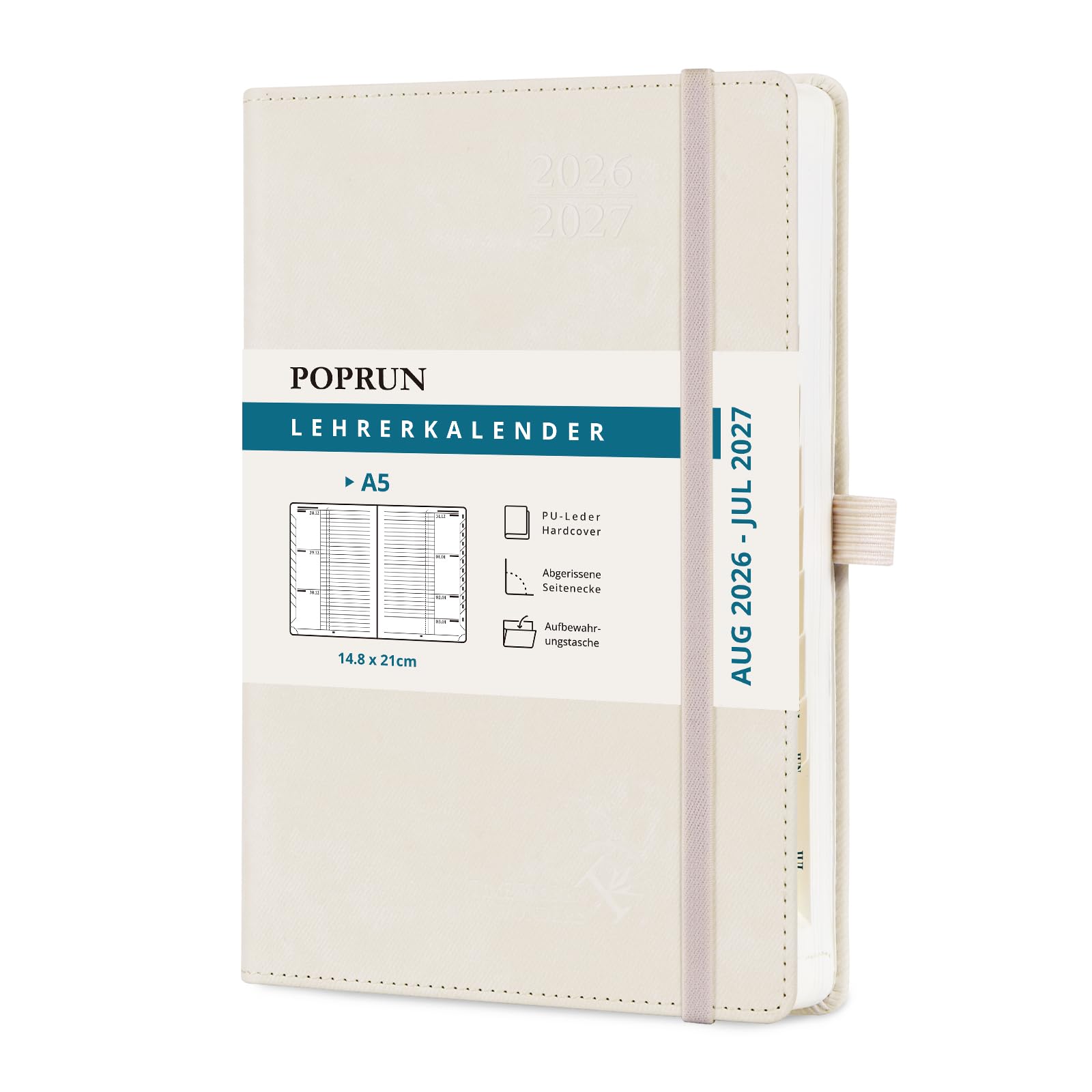 POPRUN Lehrerkalender 2026 2027 A5 auf Deutsch - Lehrerplaner für die Unterrichtsvorbereitung mit Monatliches Register. Schulplaner mit PU-Leder Hardcover