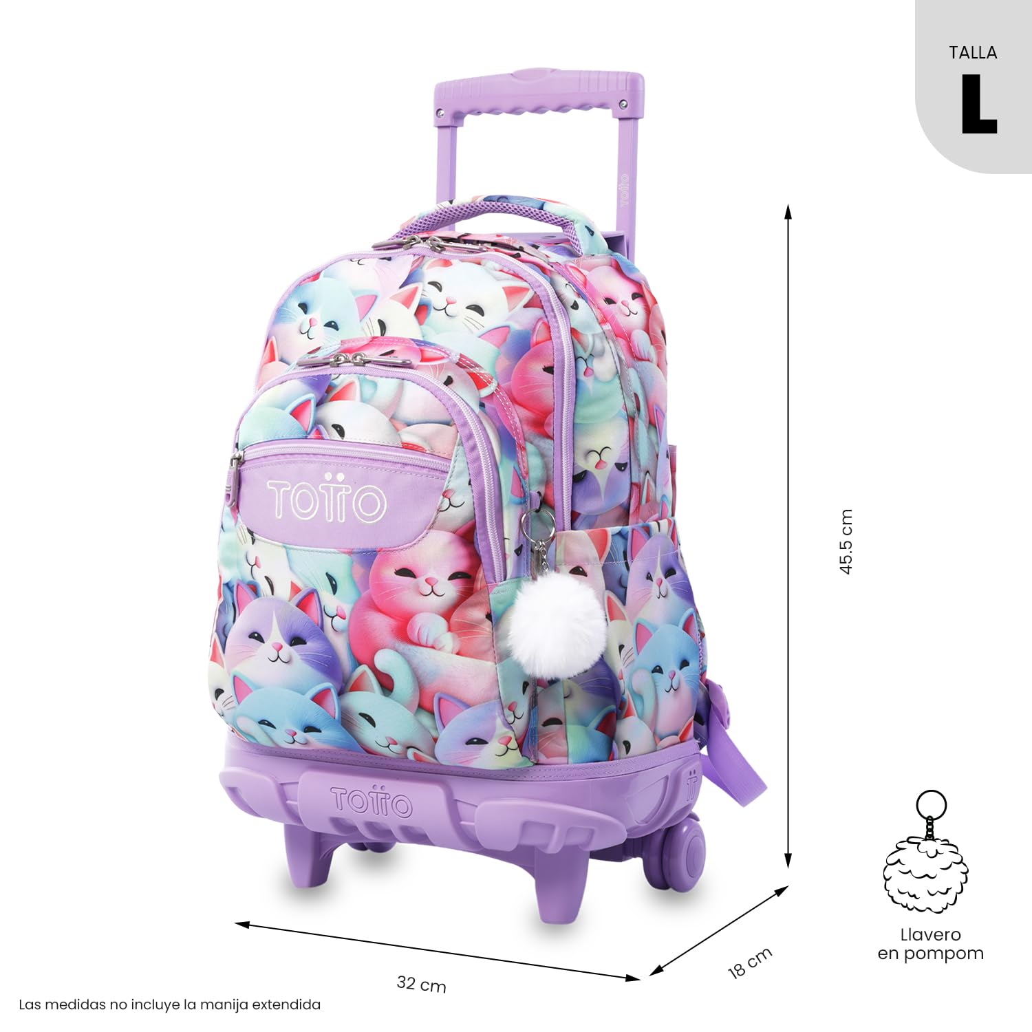 TOTTO Mochila Escolar con Ruedas Renglones 26,21 Litros Bolsillo PC 15,4" Resistente Estampado Mewsy 3D