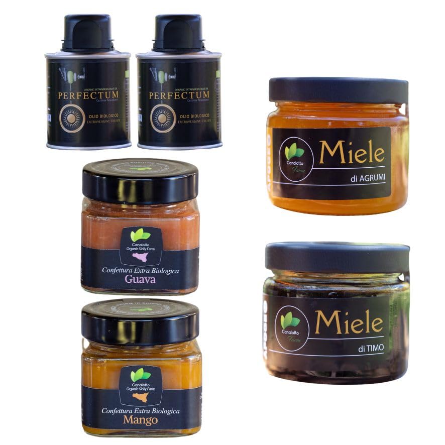 Canalotto farm - Selección Breakfast: 2 Perfectum AOVE de 100 ml + 2 mermeladas de 250 g guayaba/mango + 2 mieles de 350 g tomillo/cítricos