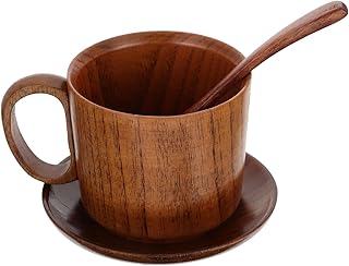 Wooden Milk Coffee Cup with Spoon and Coaster Comfortable Grip Smooth Surface Large Capacity Sturdy Acid Jujube Wood for Latte Cappuccino Tea Juice Drinking