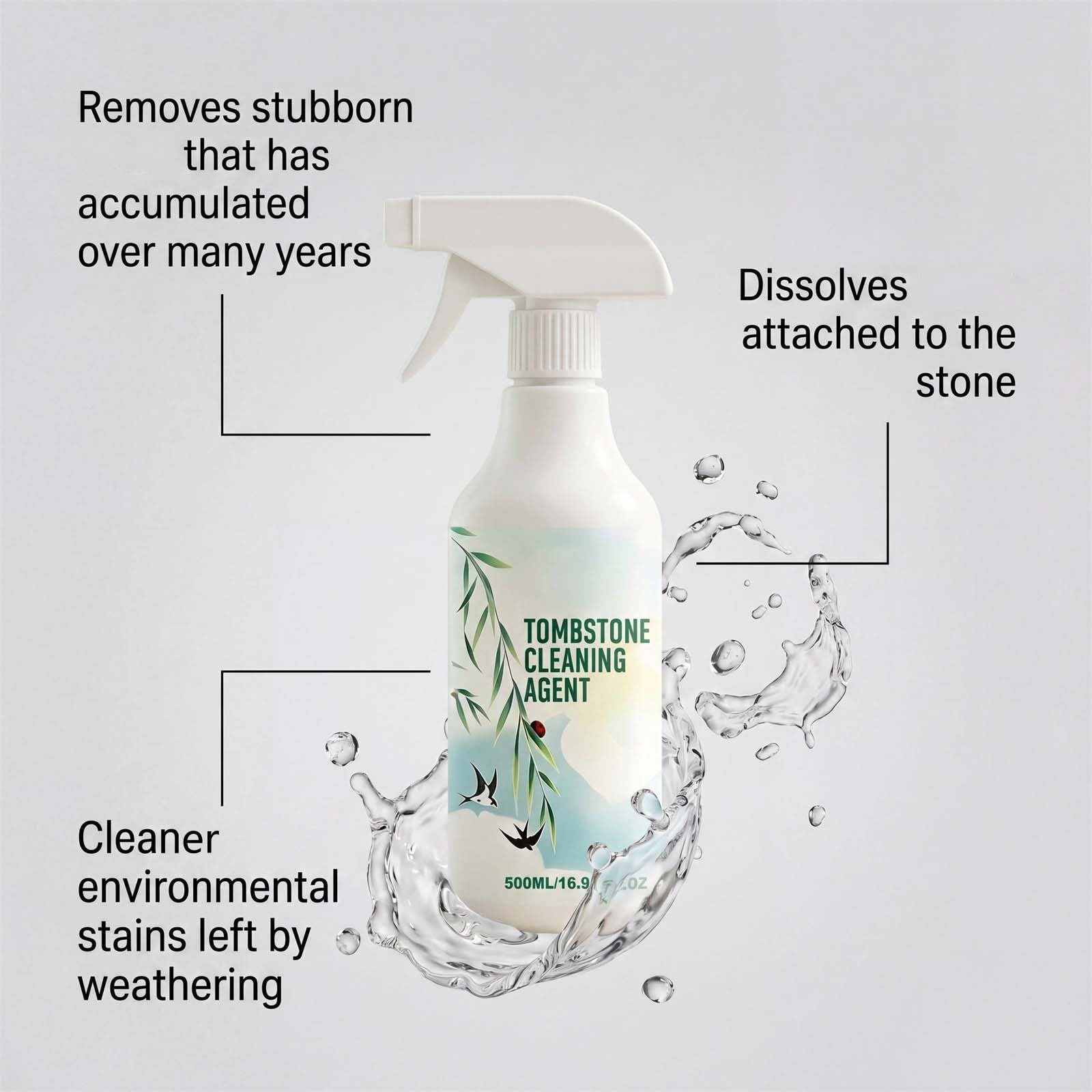 Limpiador de lápidas de 500 ml, spray de limpieza para restauración de lápidas, limpiador de piedras para cementerios, granito, mármol, cementerio, lápida, limpiador de monumentos, superficies de