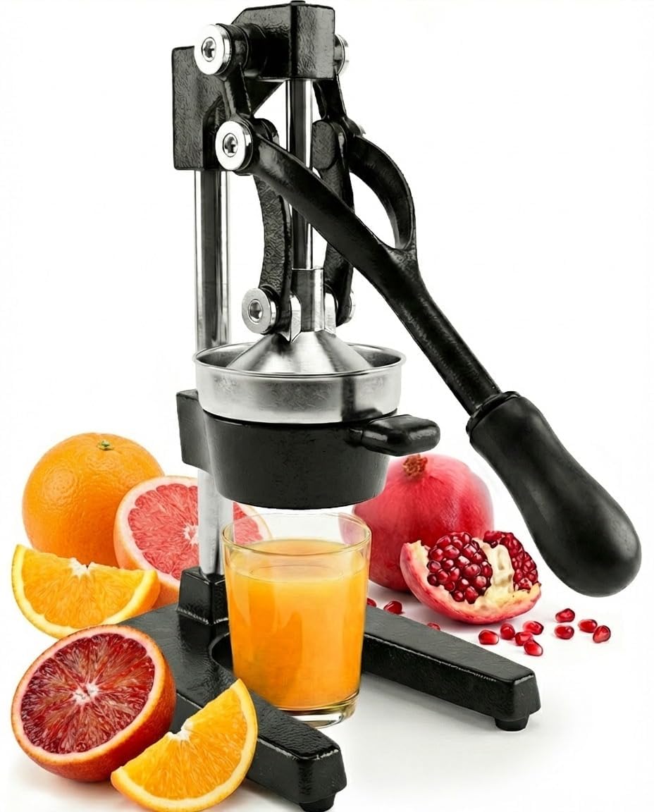 Cast Iron Citrus Juicer | Commercial Grade Manual Hand Press | Countertop Squeezer for Fresh Fruit Juice (Bonus Stainless Steel Cup) (Black)