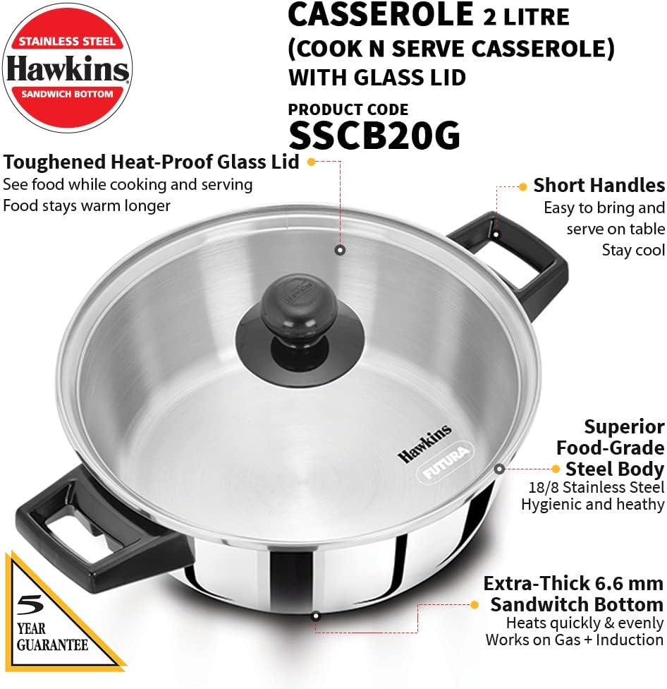HAWKINS 2 Litre Cook n Serve Casserole, Stainless Steel Saucepan with Glass Lid, Induction Pan, Sauce Pan for Cooking and Serving, Black (SSCB20G)