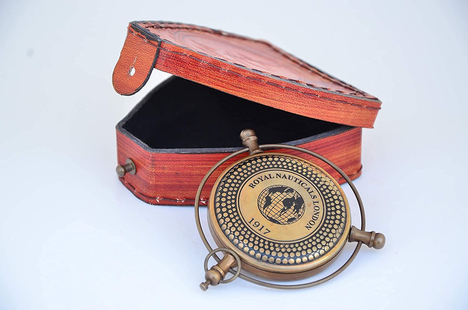JMM Handmade Antique Brass Compass London Brass Compass Push Button Compass with Leather Case for Camping and Hiking-picture-16