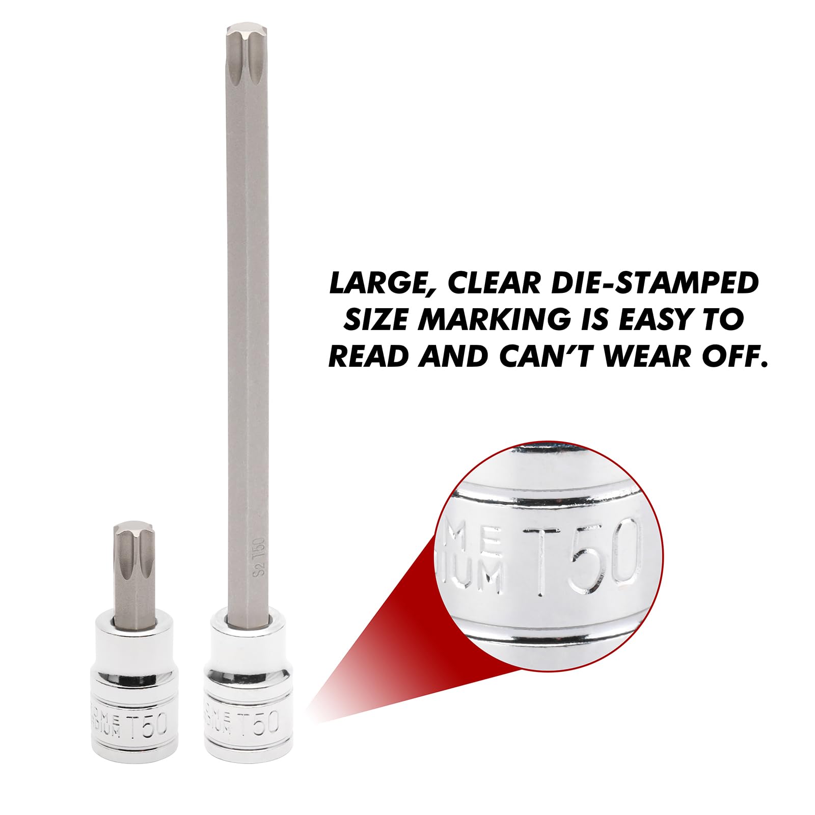 CASOMAN Juego de llaves de vaso Torx extralargas y estándar de 3/8 pulgadas, juego de brocas Torx Star, T10 a T60, longitud: 150 mm, acero CR-V y S2