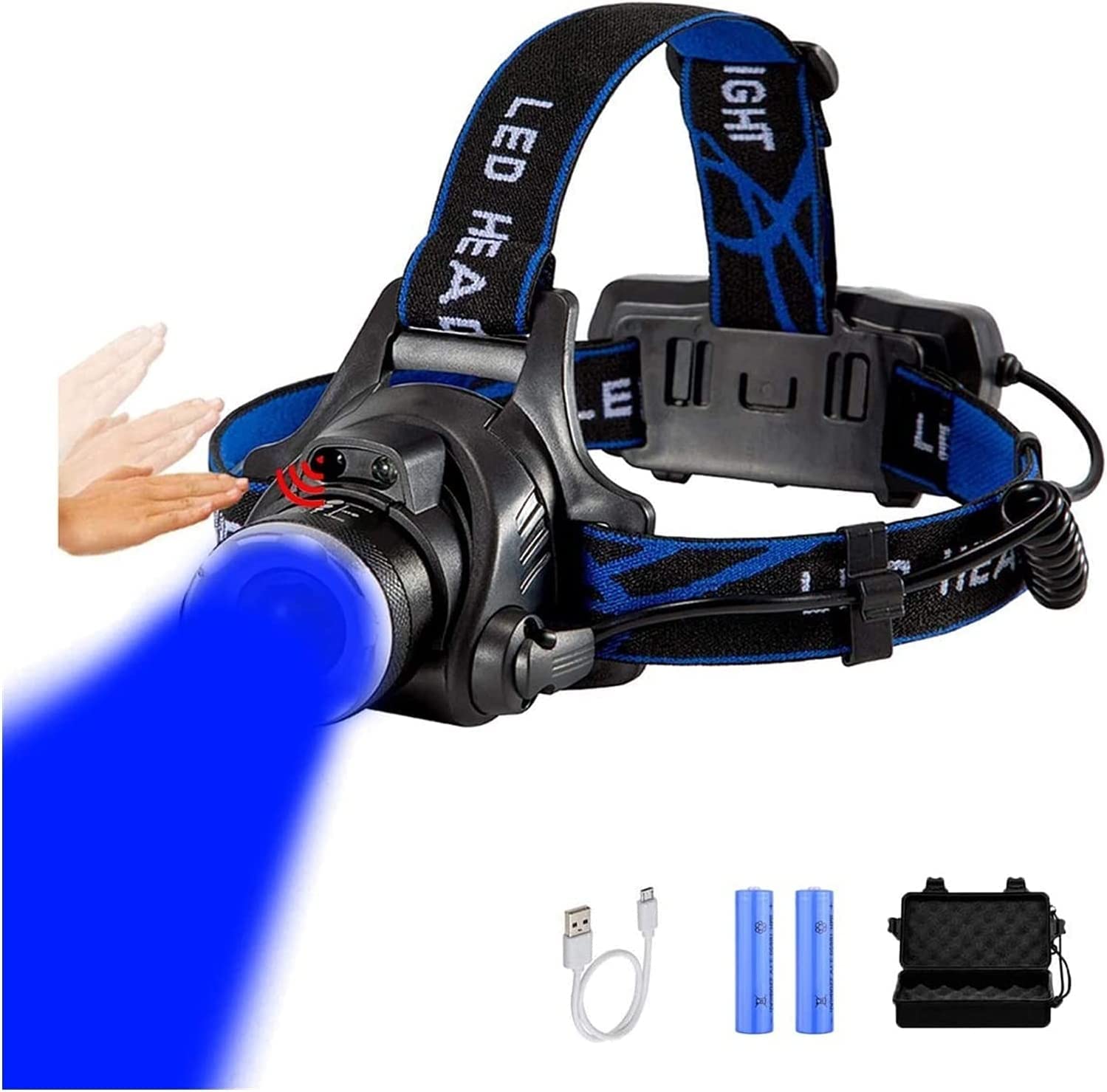 Latarka czołowa Latarka czołowa LED Latarka czołowa z niebieskim światłem 18650 Latarka czołowa z możliwością ładowania USB Niebieska latarka czołowa LED z zoomem i 3 trybami czerwonej wiązk