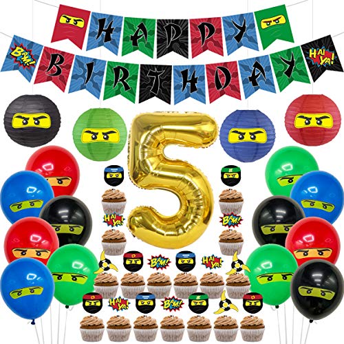 Ninja 5th Birthday Party Supplies Decorations - Ninja Happy Birthday Banner 24 Cupcake Toppers Ninja Balloons Stickers for Boys Ninja Warrior Themed Birthday
