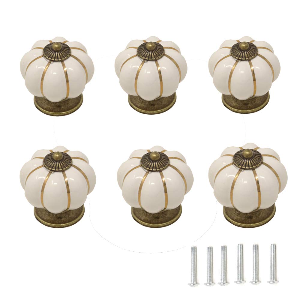 yueton 6Pcs 40mm Creamy Colored Antique Brass Pumpkin Ceramic Knobs Kitchen Cabinet Retro Vintage Door Drawer Handles Pulls for Dresser Cupboard Wardrobe