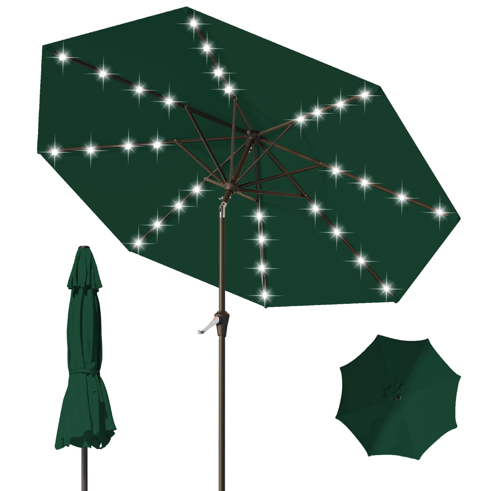 9ft patio umbrella with solar lights,outdoor market umbrella with tilt and crank, led lighted table umbrella for garden,deck,backyard,pool,beach (dark green)