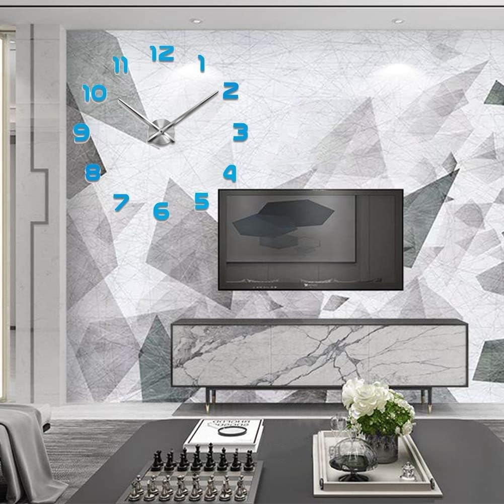 Frameless 3D DIY Wall Clock Mirror Surface Decorative Clock Large Mute Wall Stickers for Living Room Bedroom Home Decorations (Blue)
