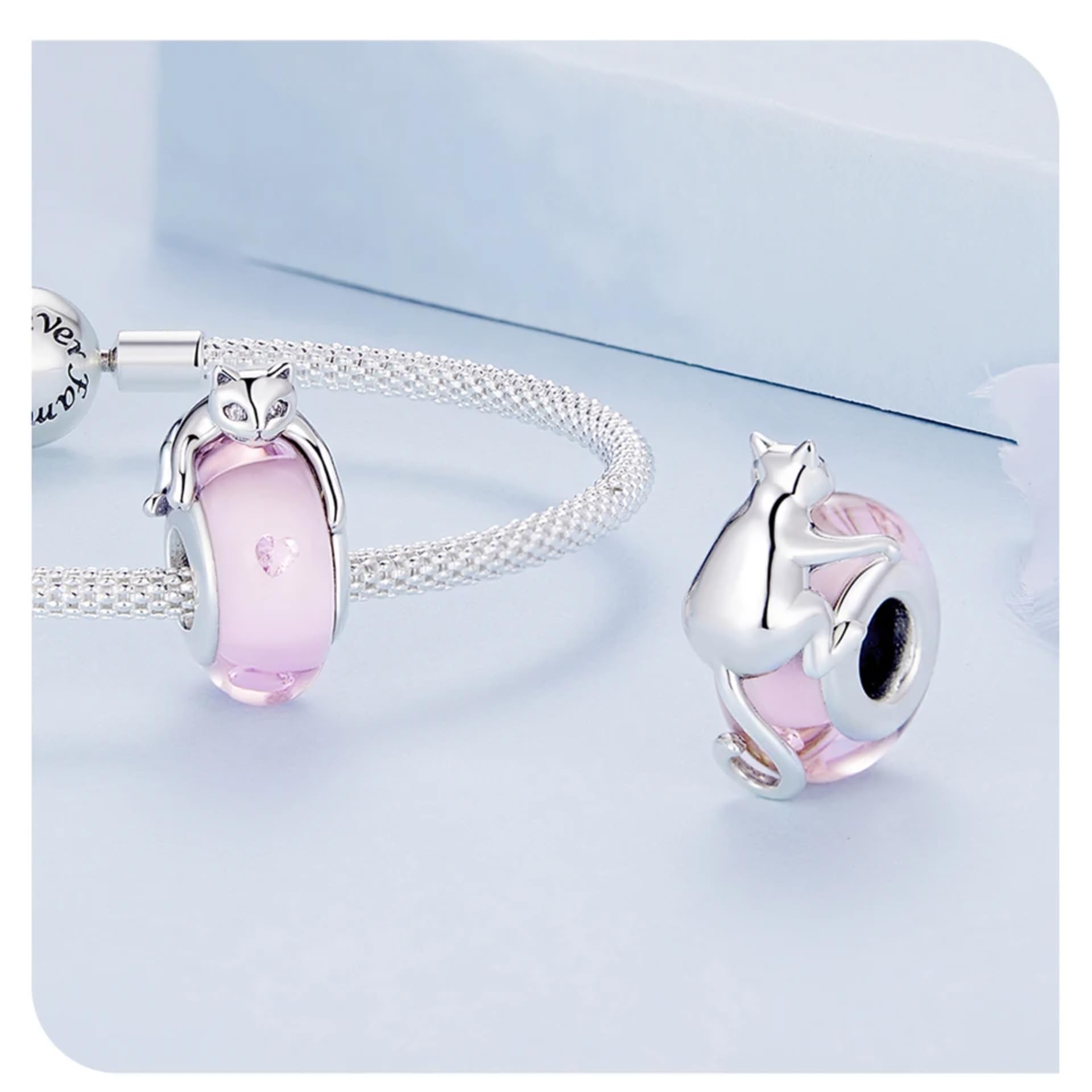 Bracciale Originale In Argento Sterling 925 Con Perline Di Vetro Rosa E Ciondolo A Forma Di Gatto In Argento Con Zirconi Cubici, Per Donna, Gioielleria Raffinata