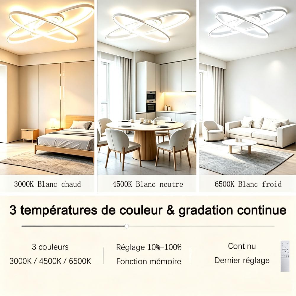 LIUYU Plafonnier LED Salon Dimmable avec Télécommande, 95W Blanc 130x85 cm